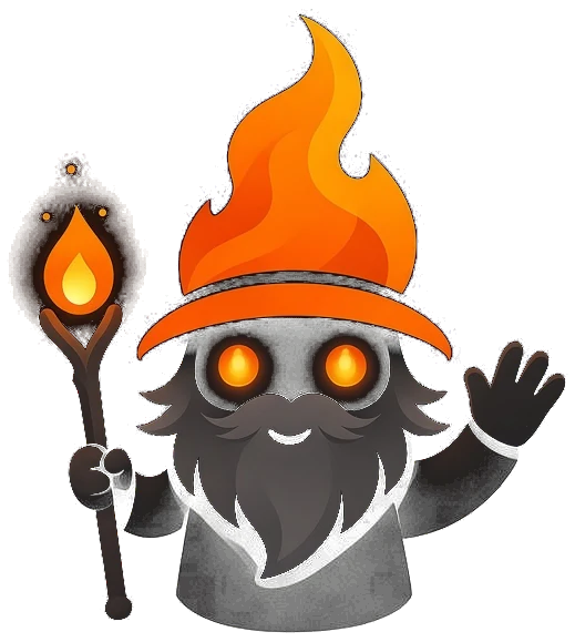 The EmberWize fire wizard smiling and waving.