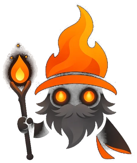 The EmberWize mascot: a little fire wizard with a flame-shaped hat, glowing ember eyes and a gray beard, holding a torch staff.