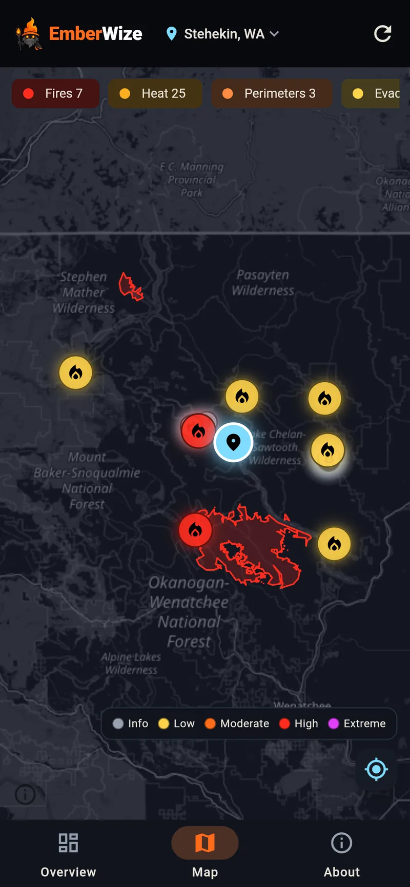 EmberWize on a phone showing the map near Stehekin, Washington, with fire and heat-detection markers, a mapped fire perimeter and layer toggles.